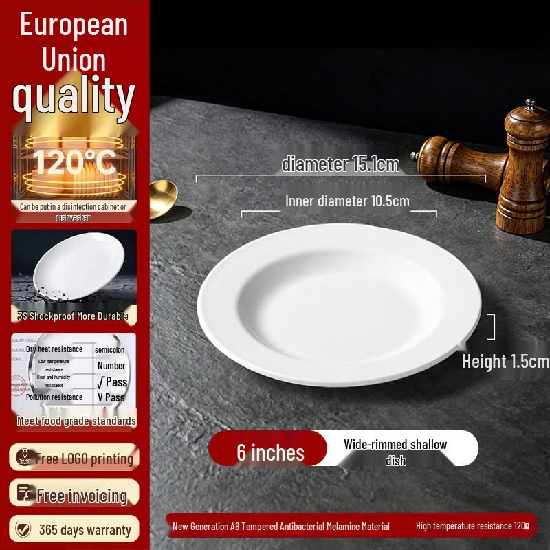 White Melamine Imitation Porcelain Plates: Commercial Round Flat Resin Tableware for Restaurants, Shallow Cold Dish or Rice Bowl Plates.