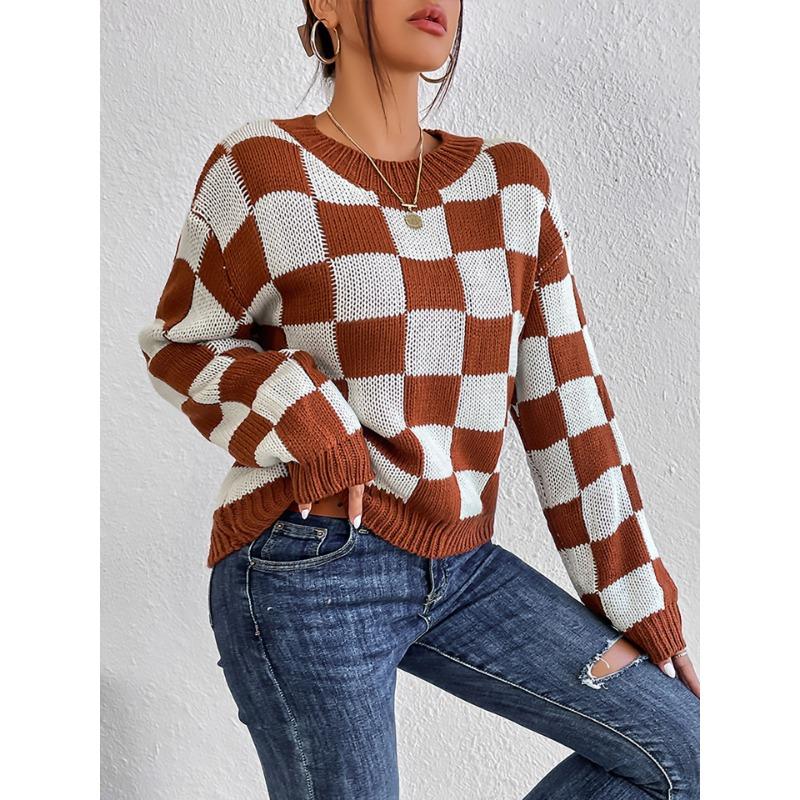 Autumn and Winter Women's Long Sleeve Colour Block Checker Plaid Loose Round Neck Pullover Sweater