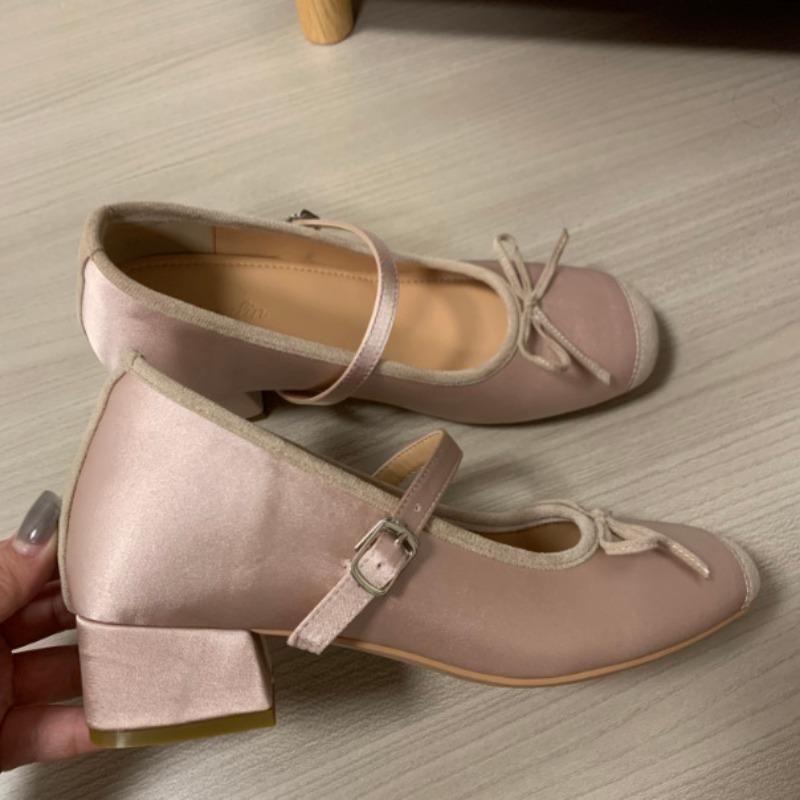 New Mary Jane thick heel inner height increase 7cm bow ballet shoes fashionable versatile inner single shoes women