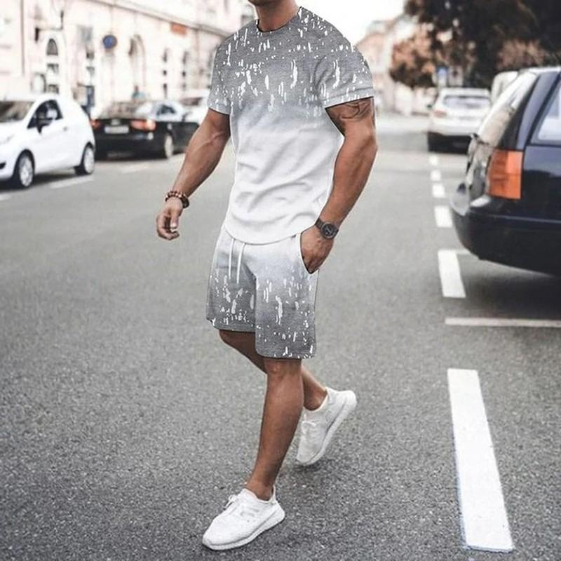 Summer Casual Men's Adult Set 3D Printed Pattern Men's Short-Sleeved T-shirt Set Gradient Cool Casual Sports Shorts two-Piece
