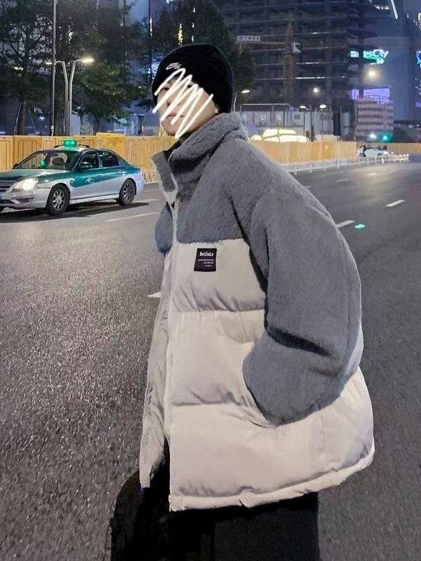 Trendy Unisex Winter Patchwork Lambswool Jacket - Hong Kong Style Casual Loose Fit