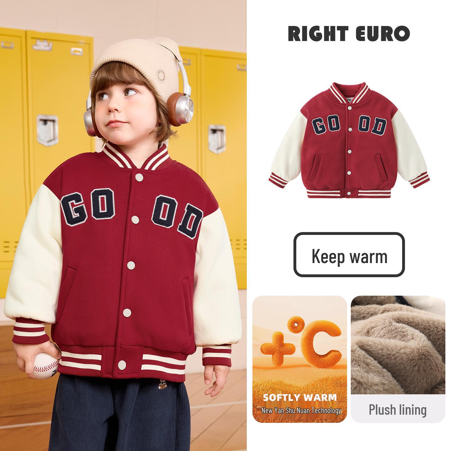 European Boys  Fleece-Lined Baseball Jacket - Thickened Winter 2025 Kids Toddler Coat 110 cm
