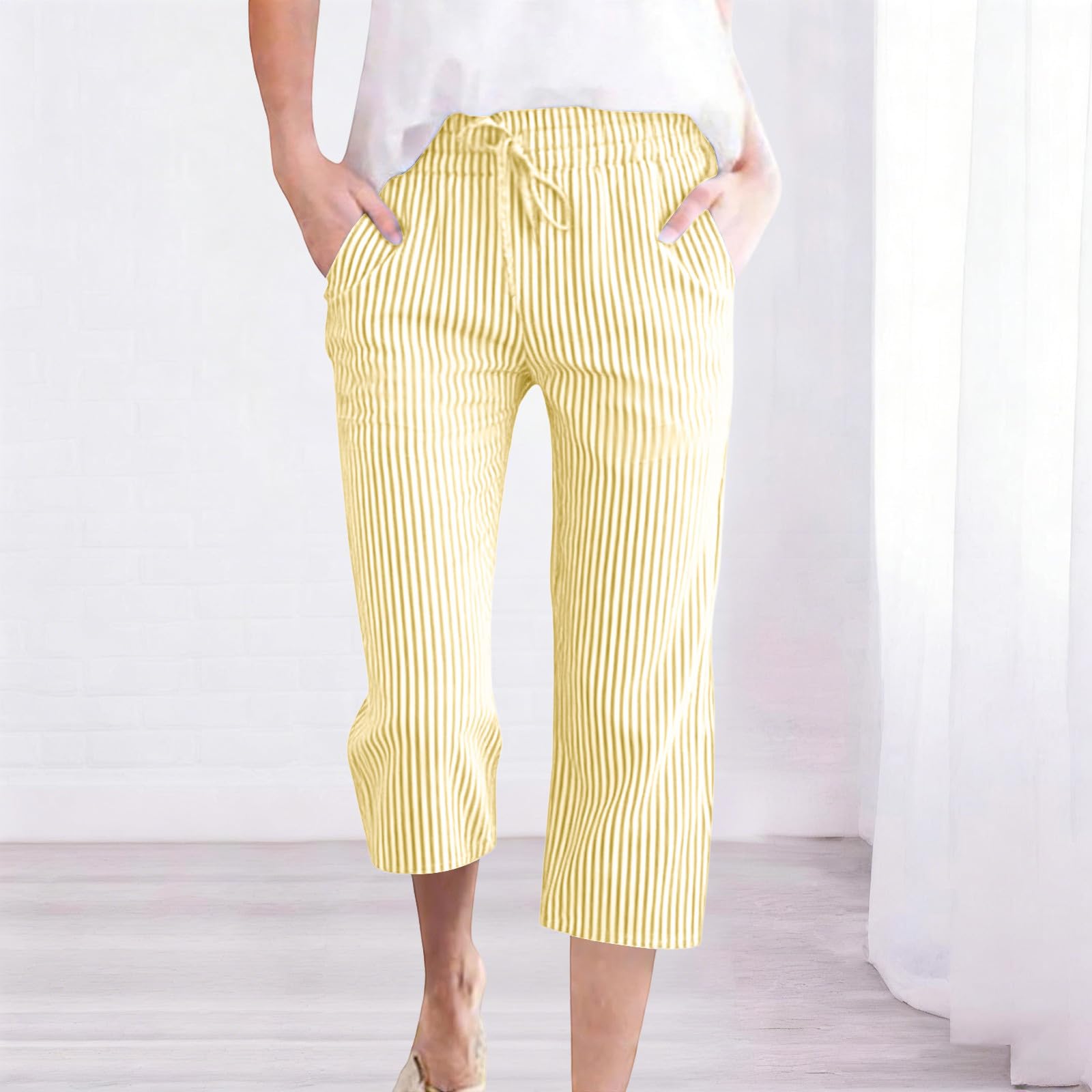 

Women s Fashion Striped Print Elastic Waistband Pocket Loose Casual Seven-Eighths 7/10 Pants XL жовтий