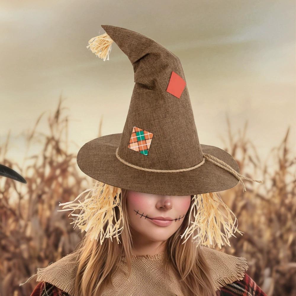 New Halloween Scarecrow Patch Witch Hat Halloween Witch Hat Cosplay Pointy Straw Witch Hat Festive Costume Accessory Party Props