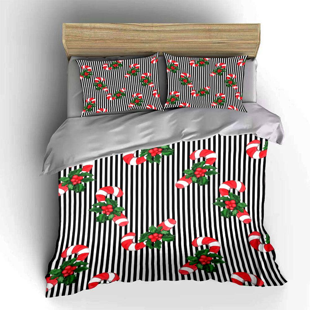 Candy Cane and Holly Striped Pattern Bedding Duvet Cover Set Duvet Cover Pillowcases (1*Duvet Cover 2*Pillowcases, without duvet insert)