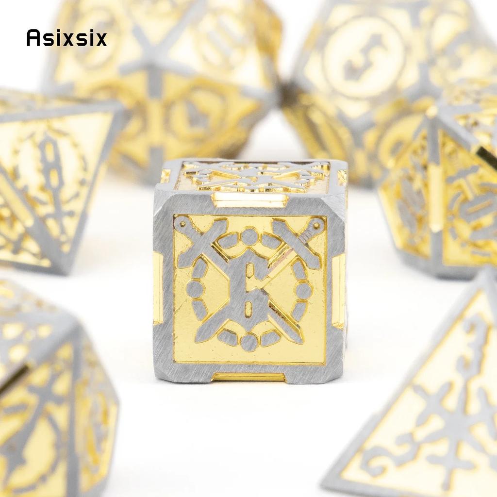 7 Pcs Yellow Silver Double Swords Metal Dice Solid Polyhedral Dice Set Suitable For Role-Playing Dice PropBoard Game