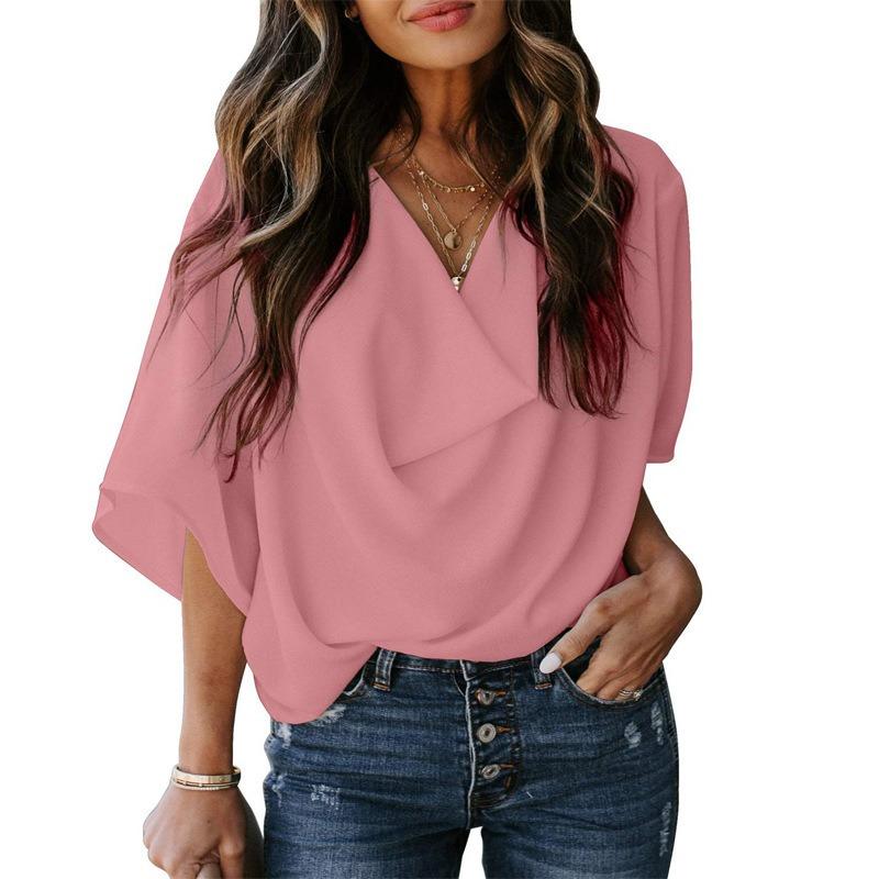 Women's New Spring and Summer Chiffon V-neck Bat Sleeve Casual Loose Solid Color Top