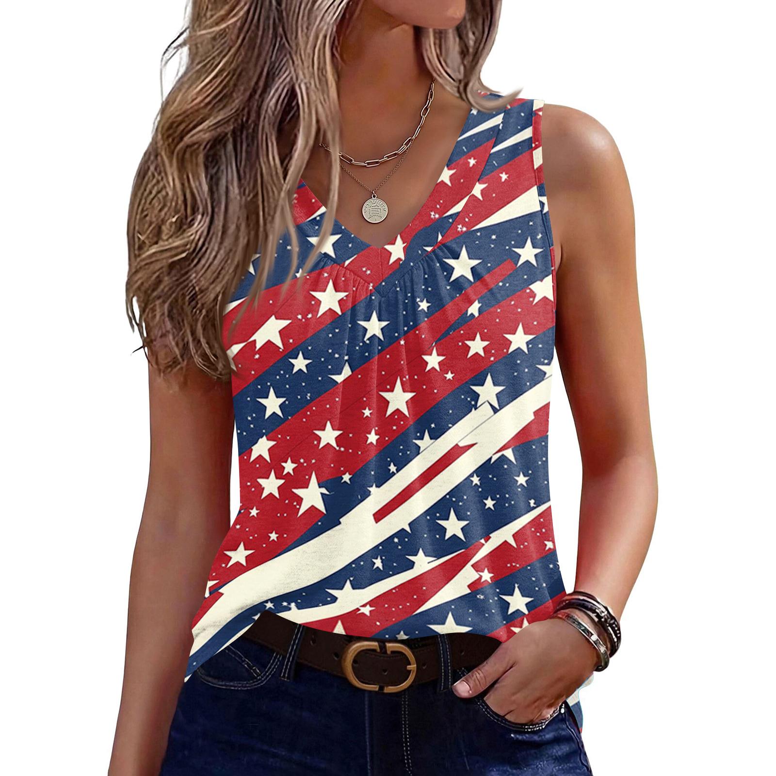 

Women’s Sleeveless V Neck Tank Top with Dripping Star and Stripe Print Relaxed Fit Lightweight Casual Shirt for Summer XL кавун червоний колір