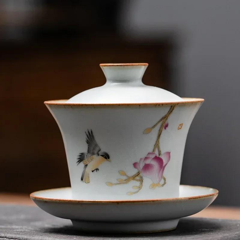 

170ml Chinese retro Ru kiln tea cup handmade flower and bird ceramic tea bowl travel portable lid bowl 9.7X10CM 170ML