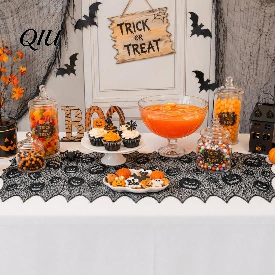 Halloween Table Decor Runner, 70 X 15 Inch Black Lace Spider Web Runner Spooky Gothic Pumpkin Dinner Decoration for Kitchen Decor, Party Supplies Dark