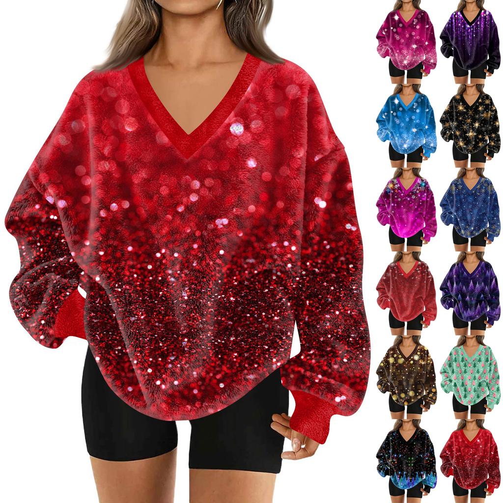 Women's Fashionable V-neck Christmas Printed Long Sleeved Casual Pullover Plush Warm Pocket Sweatshirt Top