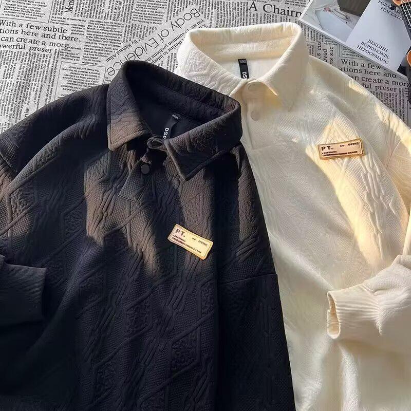 

Men s Trendy Jacquard Lapel Hoodie - Casual Loose Long Sleeve Polo for Spring & Autumn XXXL чорний