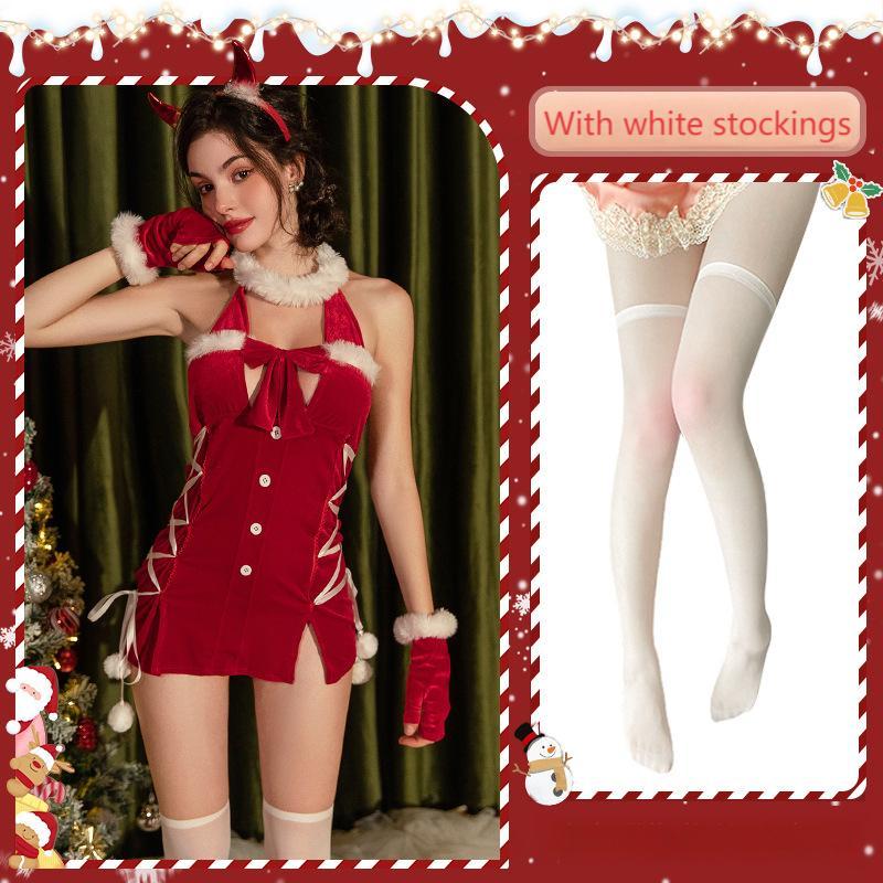XXOO Erotic Sexy Little Devil's Christmas Outfit Costume Women V-neck Halter Dress Xmas Santa Claus Clothes Cosplay