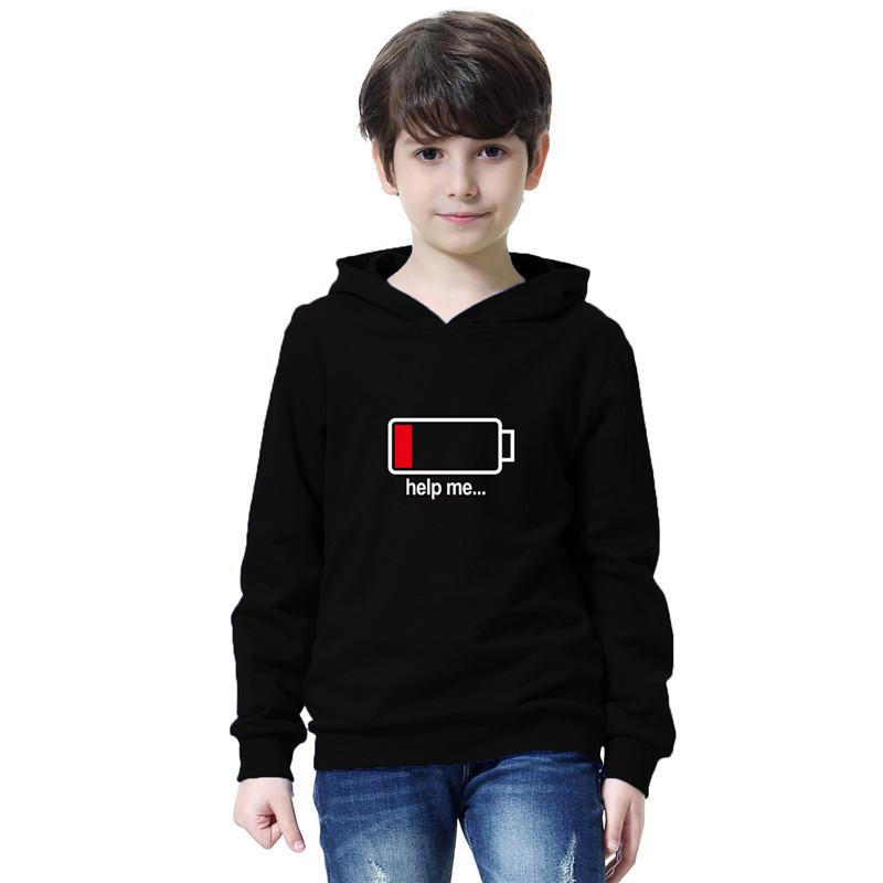 New Low Battery Help Me Printing Hooded Kids Hoodies Sweatshirts Boys Spring Autumn Hip Hop Basic Coat