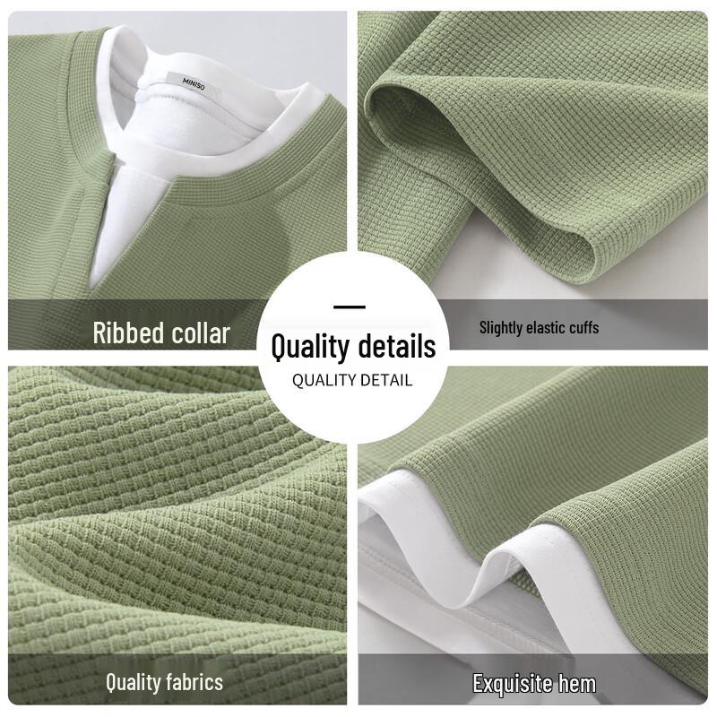MINISO Men's Waffle Knit Layered V-Neck Long Sleeve Shirt