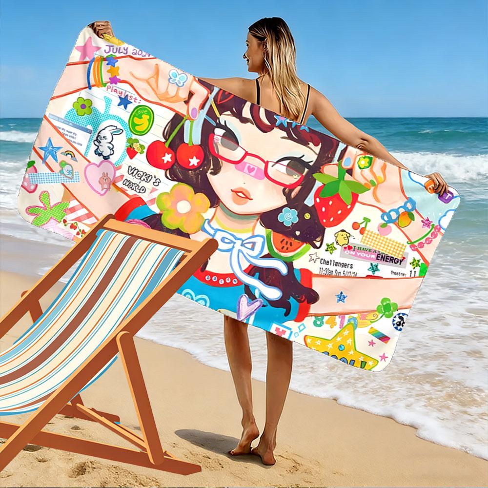 Colorful Cartoon Girl Design A must-have beach towel for beach travel
