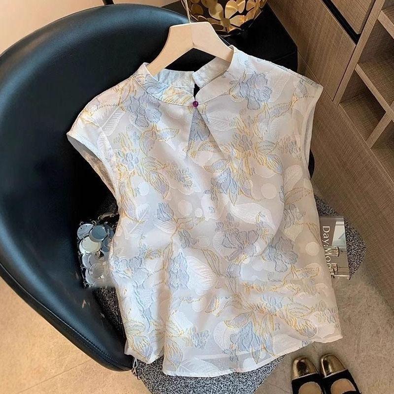 Ретро Новый Потрясающий Летний Топ в Китайском Стиле Высокого Класса Застежка-Лягушка Жаккардовый Без Рукавов Атласная Рубашка L зелёный