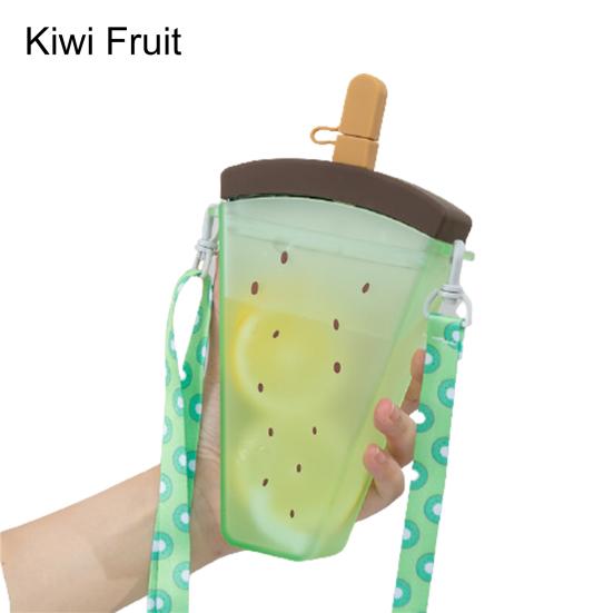 320ml Large Capacity Orange Water Bottle Hanging Band Fruit Design Watermelon Plastic Strap Straw Water Cup Summer