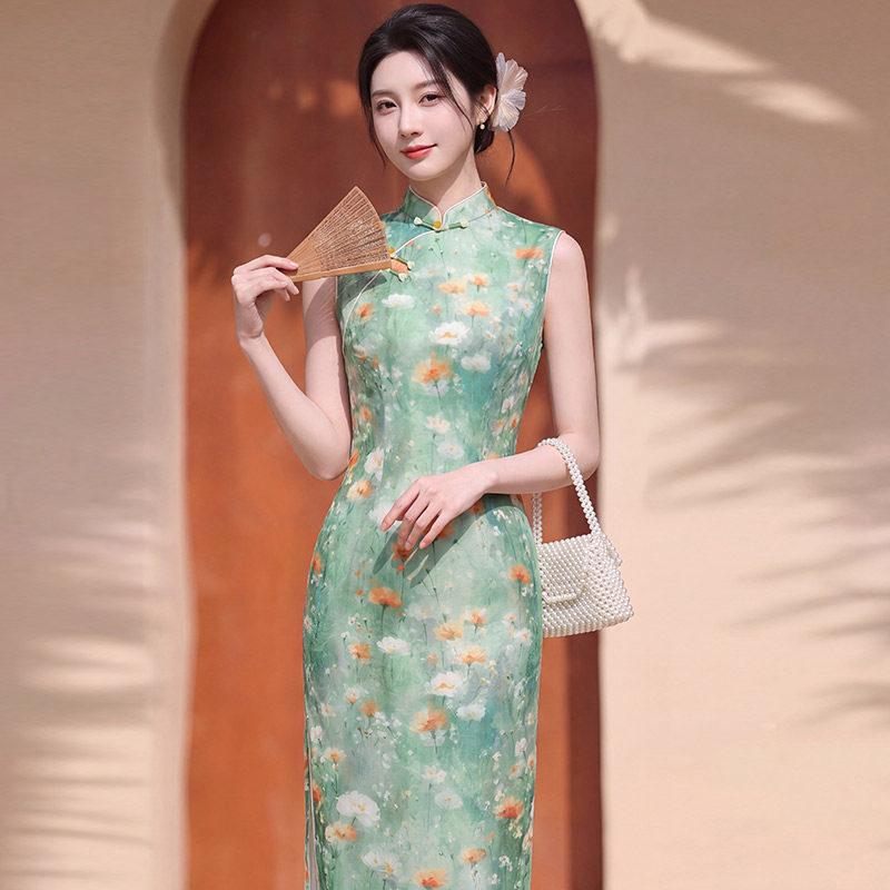 Green sleeveless national style new Chinese Suzhou long cheongsam improved young 1011 new women's high sense summer