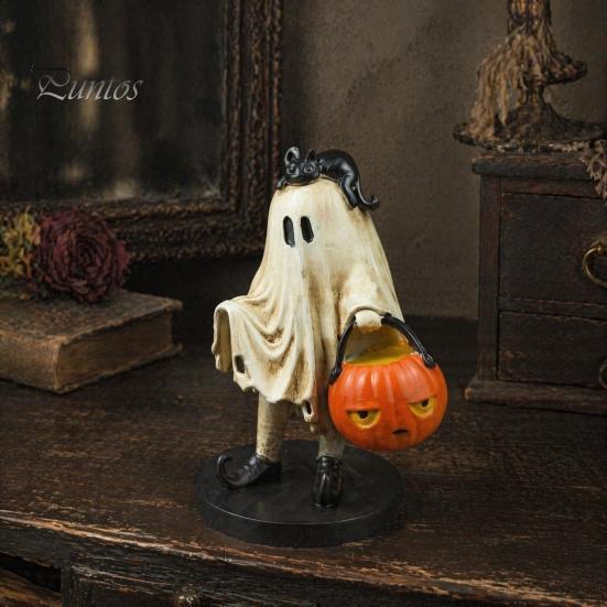 Statua di Fantasma con Zucca Statuetta Vintage di Halloween, Statuetta Spettrale Carina in Resina Collezione Artistica da Scrivania Secchio e Gatto Nero per Interni