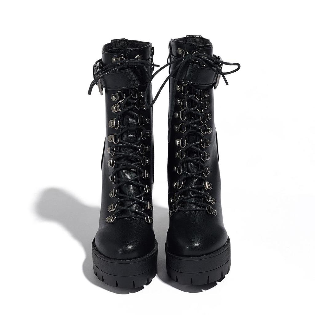 Damen Gothic Plateau High Heel Mittelhohe Motorradstiefel, Stiefel mit dicker Sohle aus Leder, Große Größen erhältlich