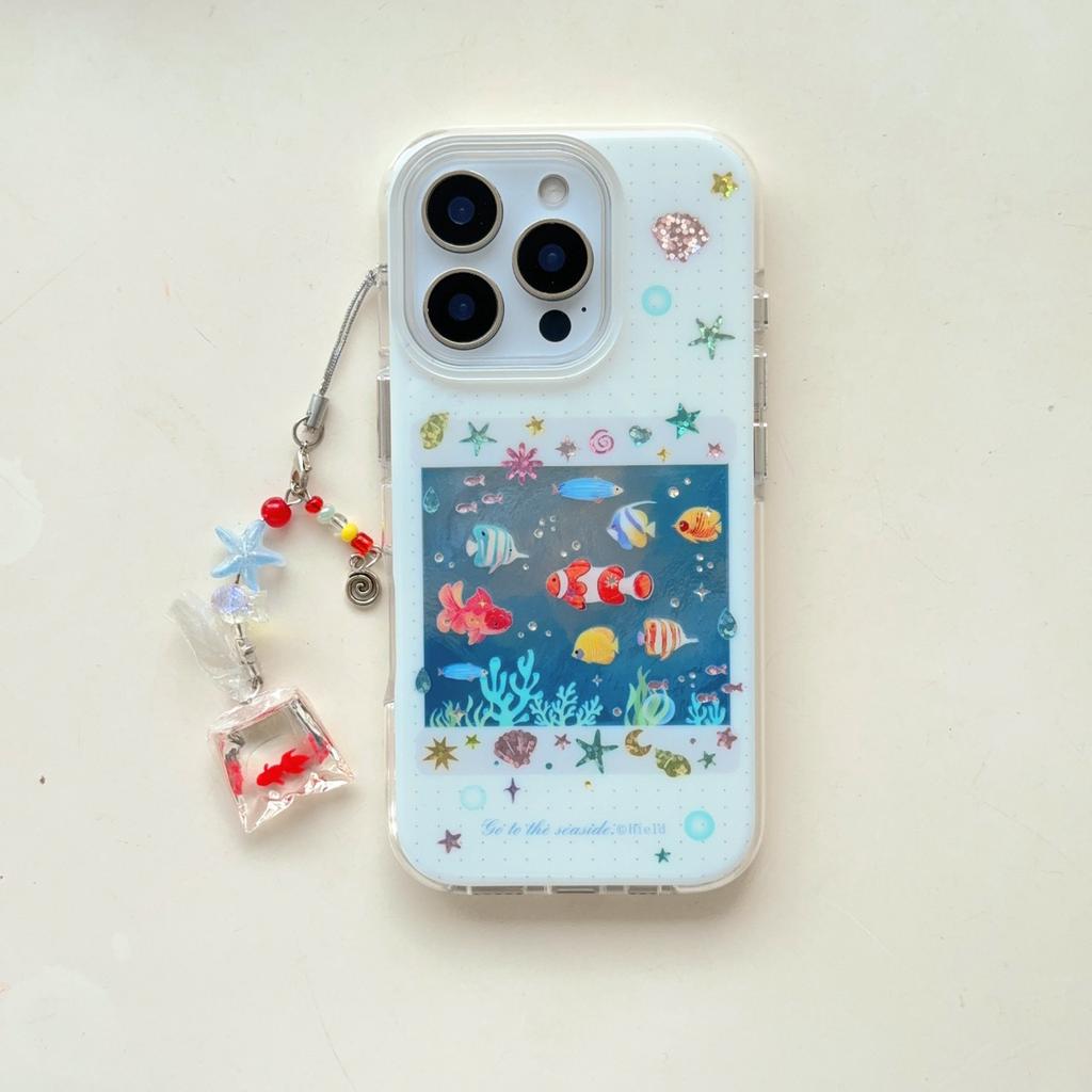 Capa de Celular Fofa Coreana Peixe Carpa Vermelha Oceano Azul para IPhone 14 15 16 17 Pro Max 13 15pro Capa Macia à Prova de Choque para Capa de Iphone 16