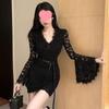 Plus Size Lace Patchwork Flare Sleeve Bodycon Dress for Women - Slimming Autumn/Winter Style