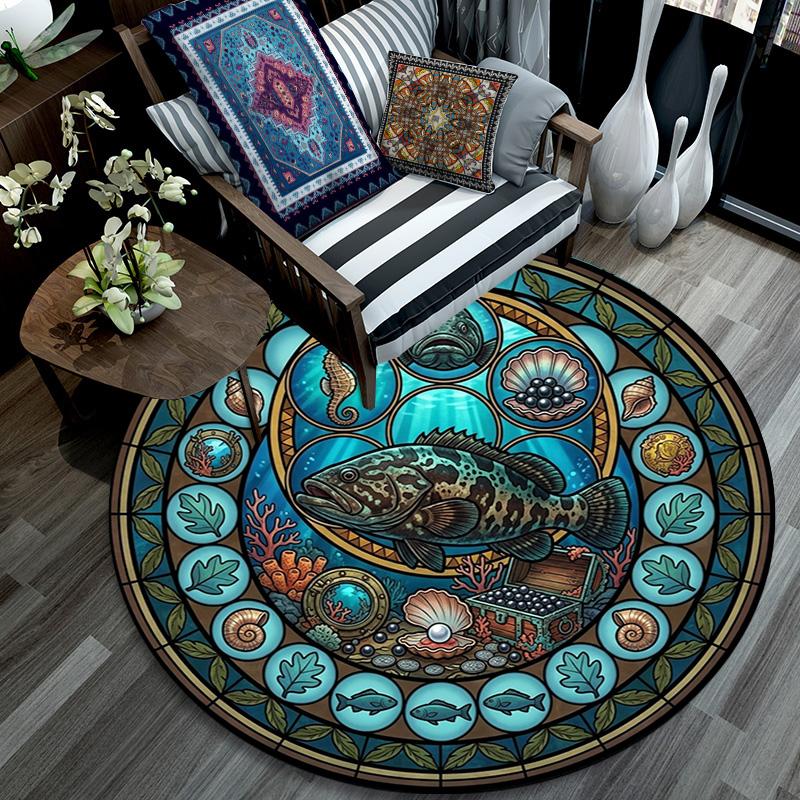 Ocean Treasures Panel Round Area Rug Under Office Chairs Bedroom Living Room Home Decor 80cm x 80cm
