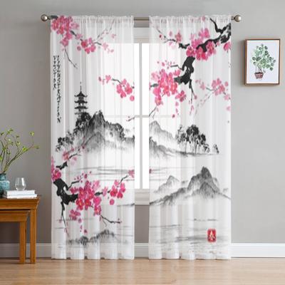 Japanese Landscape with Sakura Sheer Window Curtains for Living Room Bedroom Voile Tulle Curtains Fabric Drapes for Kitchen