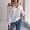 Herbst- und Winter-Casual-Unifarben-Twist-Off-Shoulder-Laternenärmel-Pullover