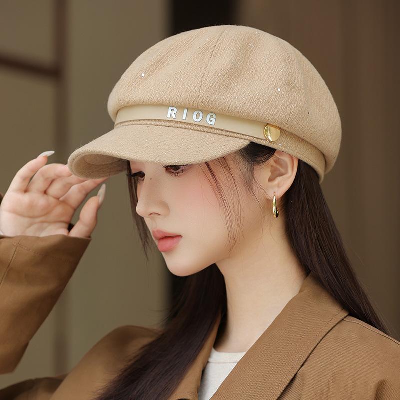 Korean Versatile Letter Beret Autumn and Winter Casual Warm Hat for Women Retro British Belt Buckle Octagonal Painter Hat