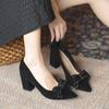 Women's French-Style Suede High Heels: Spring/Autumn 2024, Black, All-Match, Thick Heel, Shallow Mouth