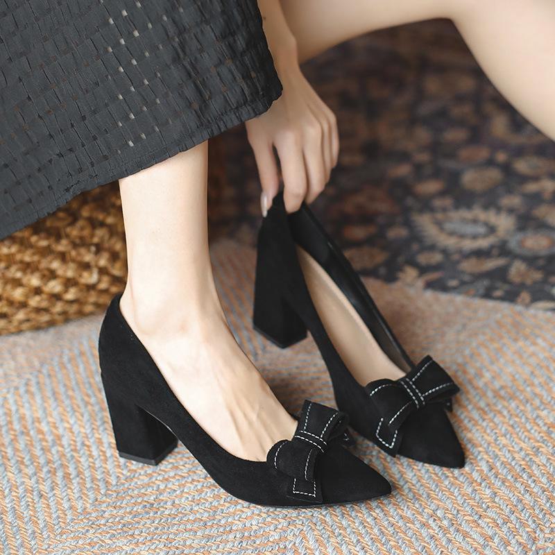 Women's French-Style Suede High Heels: Spring/Autumn 2024, Black, All-Match, Thick Heel, Shallow Mouth