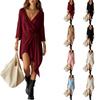 Women's Loose Fit Wrap V-Neck Knit Short Dress with Three-Quarter Sleeves and Irregular Hem