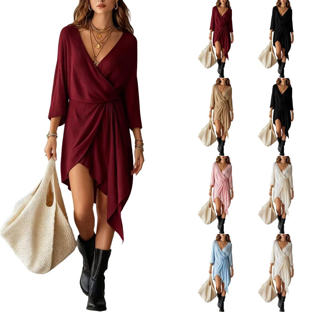 Women's Loose Fit Wrap V-Neck Knit Short Dress with Three-Quarter Sleeves and Irregular Hem