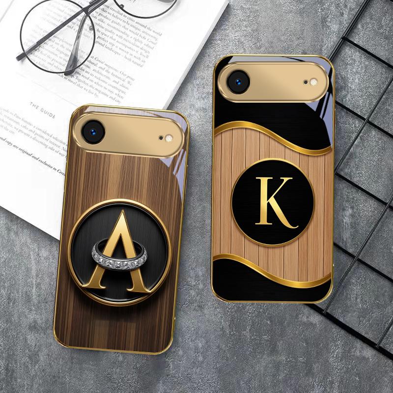 Luxurious emblem letters For IPhone 17Pro Max 16 17 Pro 15 Pro 14 13 Plus 12 Mini 11Pro Max XR 16E 17Air Golden glass phone case