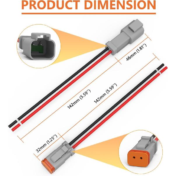 Deutsch DT 2 Pin Connector 5 Sets - 2 Way DT Automotive Waterproof Male Female Plug Wiring Harness For Car, Truck, Boats, LED Work Light, 16 AWG. (5