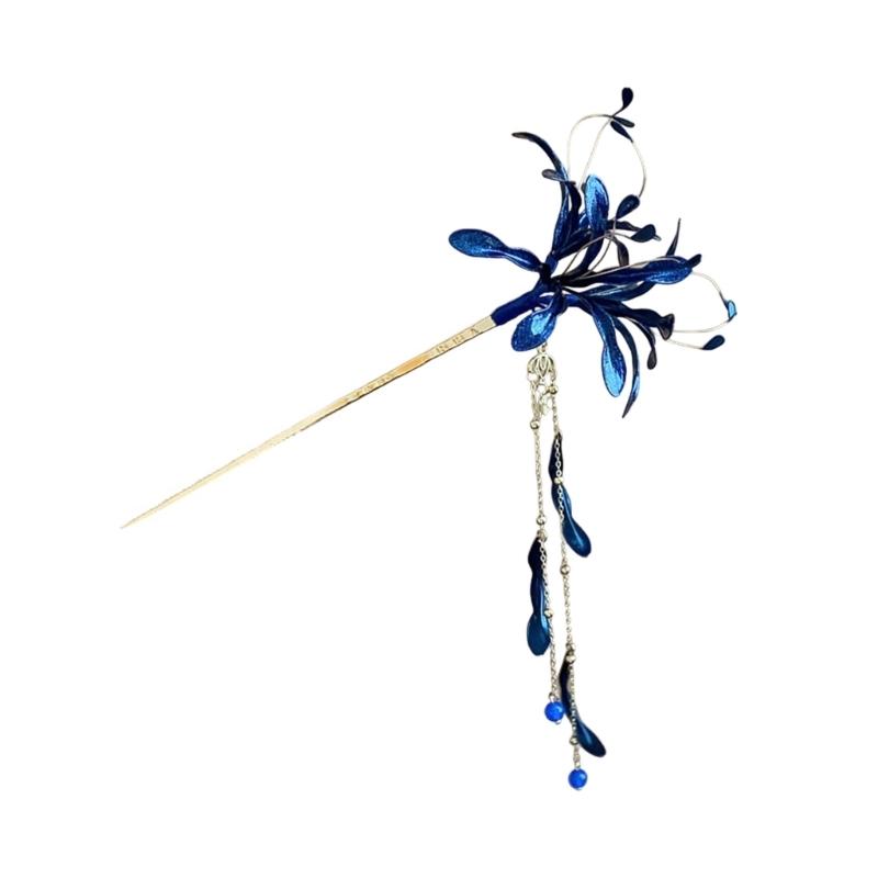 

Metal Hairpin with Flower and Oil Drip Tassels Charam Comfortable for Women Special Occasion синій