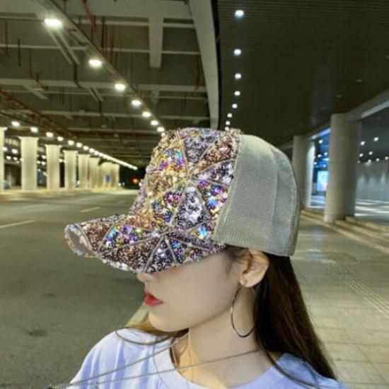 Women Adjustable Glitter Sequin Baseball Cap Sports Casual Mesh Sun Hat Summer