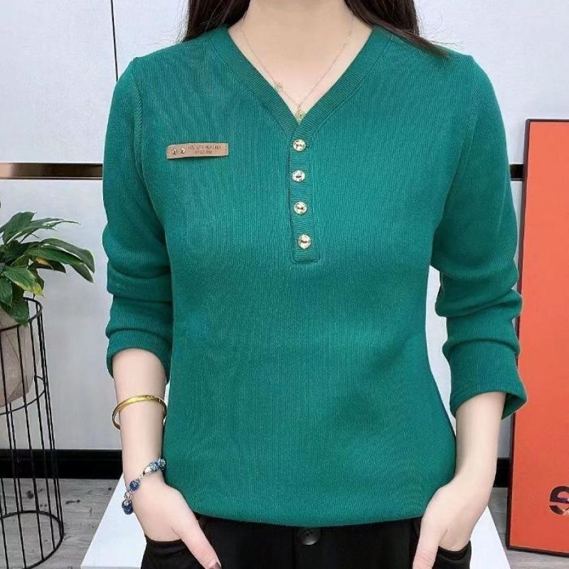 Velvet V-neck Bottoming Shirt for Women, Autumn and Winter Long-sleeved T-shirt, Fashionable and Versatile Elastic Warm Top