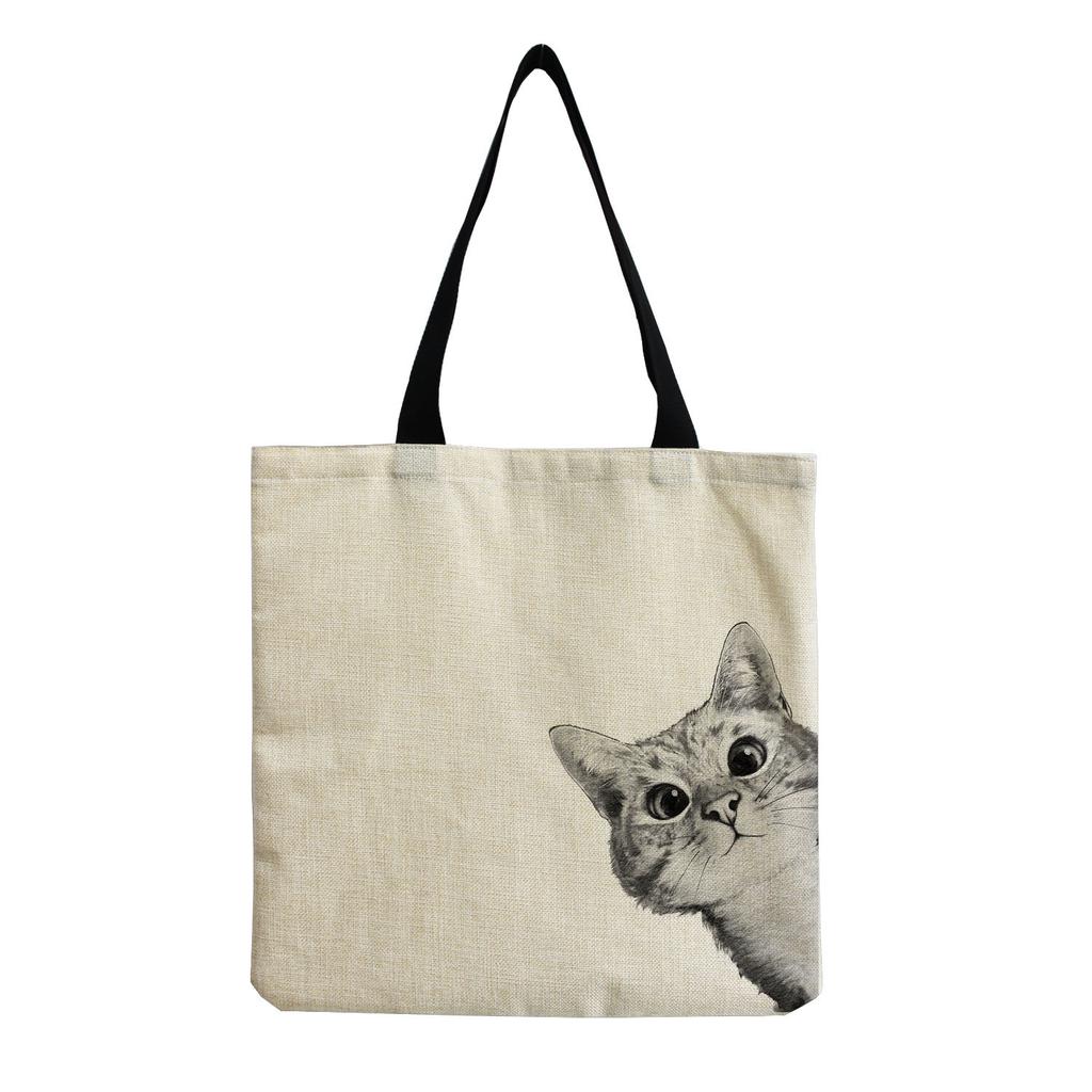 Women Vintage Linen Tote Bag - Large Capacity Cat Print Shoulder Handbag for Casual & Grocery Shopping KTB