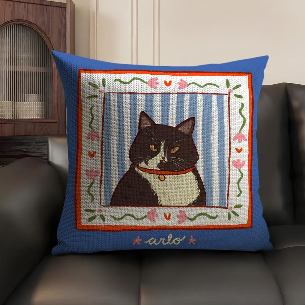 Cute Caroon Cat Portrait Cushion Cover Natural Linen Organic Fabric Double-Sided Printing Sofa Home Decor Gift Pillow Case