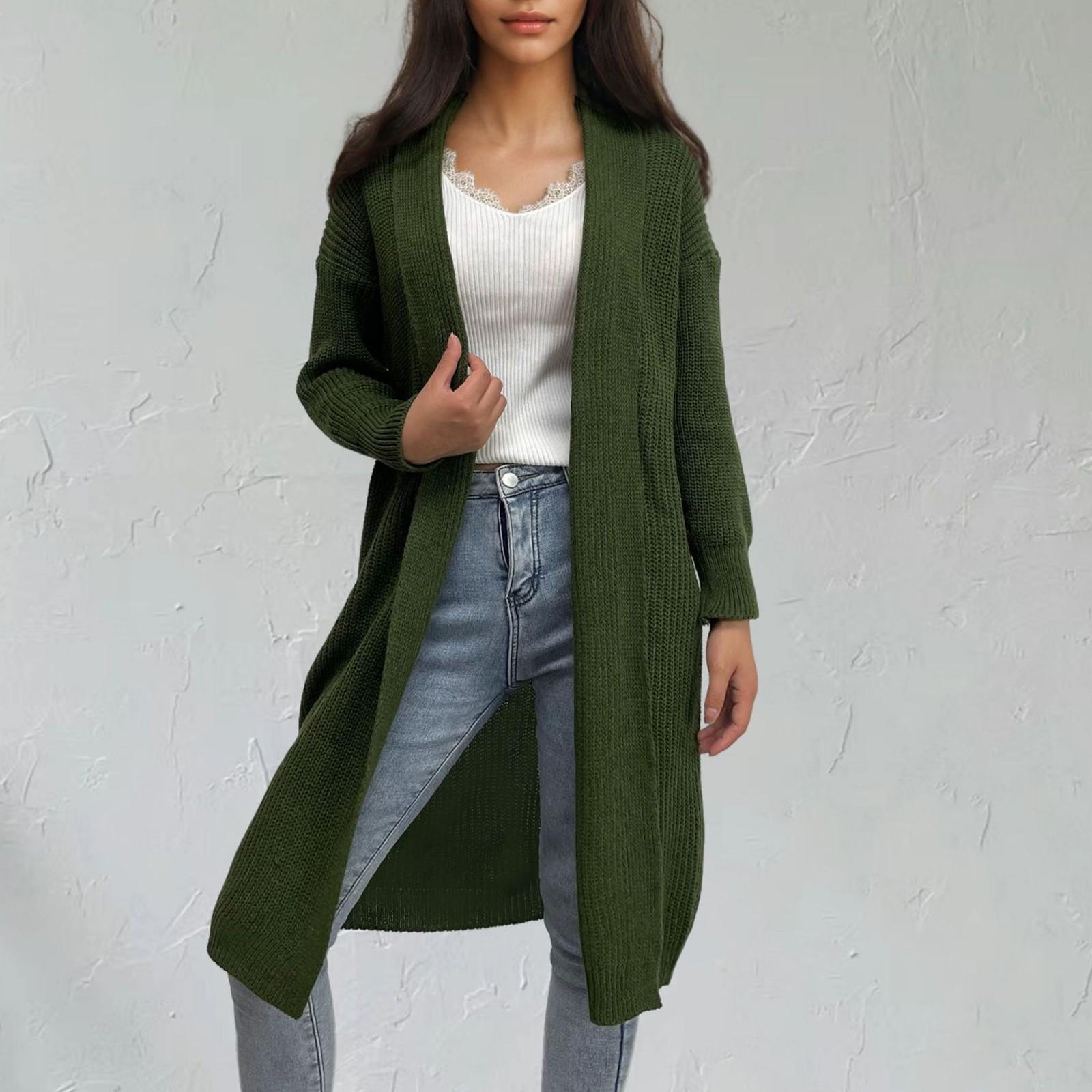 

Женский модный вязаный кардиган свитер средней длины повседневный свободный свитер куртка L армия зеленый