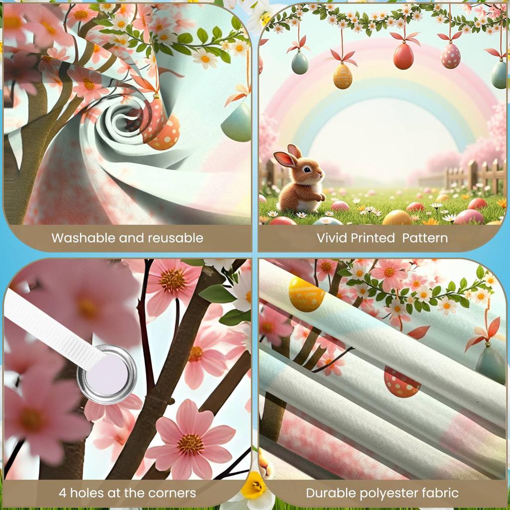 Easter Egg Background Grassland Scene Rainbow Banner Easter Banner Wooden Fence Detail Rabbit Display For Indoor Party Easter