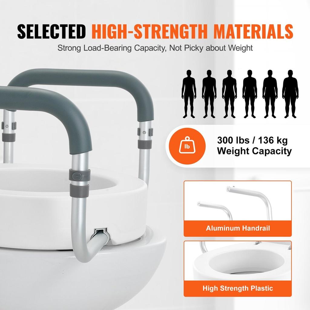 Raised Toilet Seat, 3.5" Height Raised, 300 lbs Weight Capacity, for Standard Round Toilet, Aluminum Handrail, with EVA Armrest Padding, for Elderly,