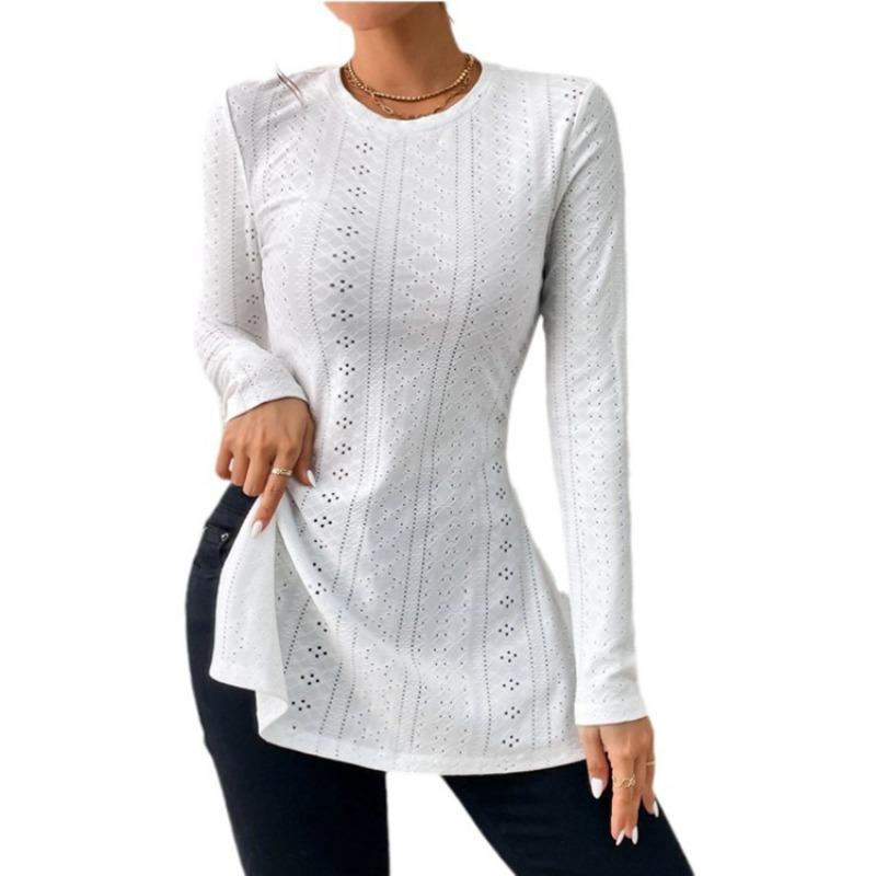 Blusa Lunga da Donna Jacquard Pizzo Spacco Casual Primavera Manica Lunga Slim Fit Camicie Monocolore Girocollo Elegante Moda Casual Ufficio Top Semplici Lavorazione a Rete