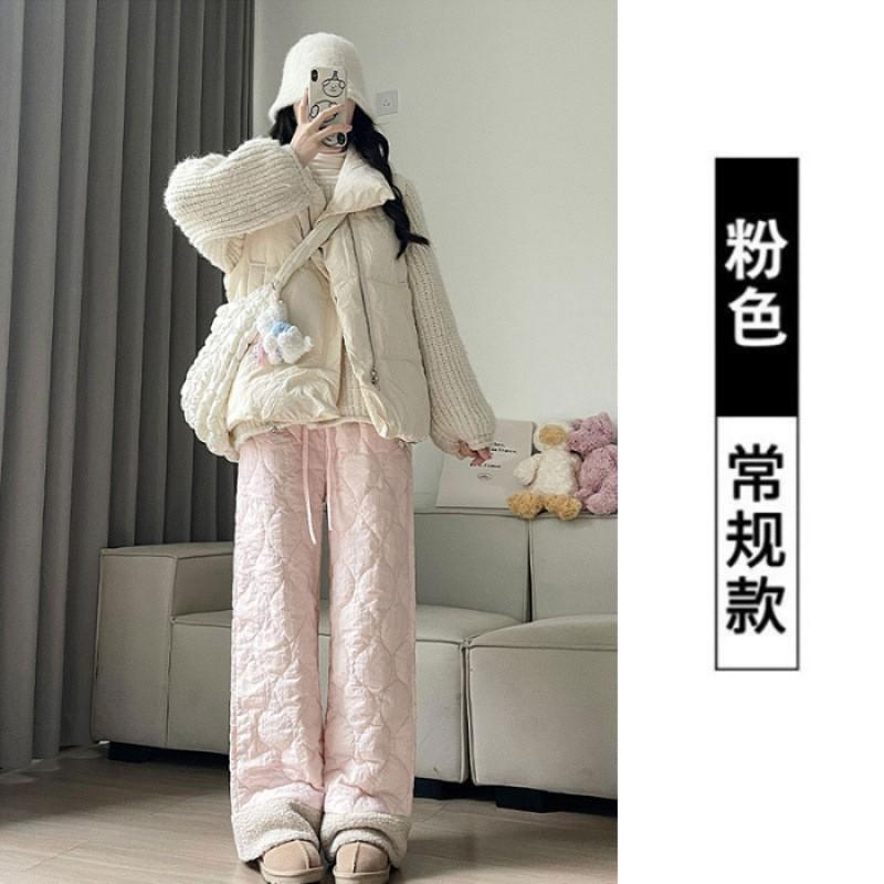 Womens Warm Fleece-Lined Cotton Pants Loose Fit Straight Leg Casual Trousers Winter Small