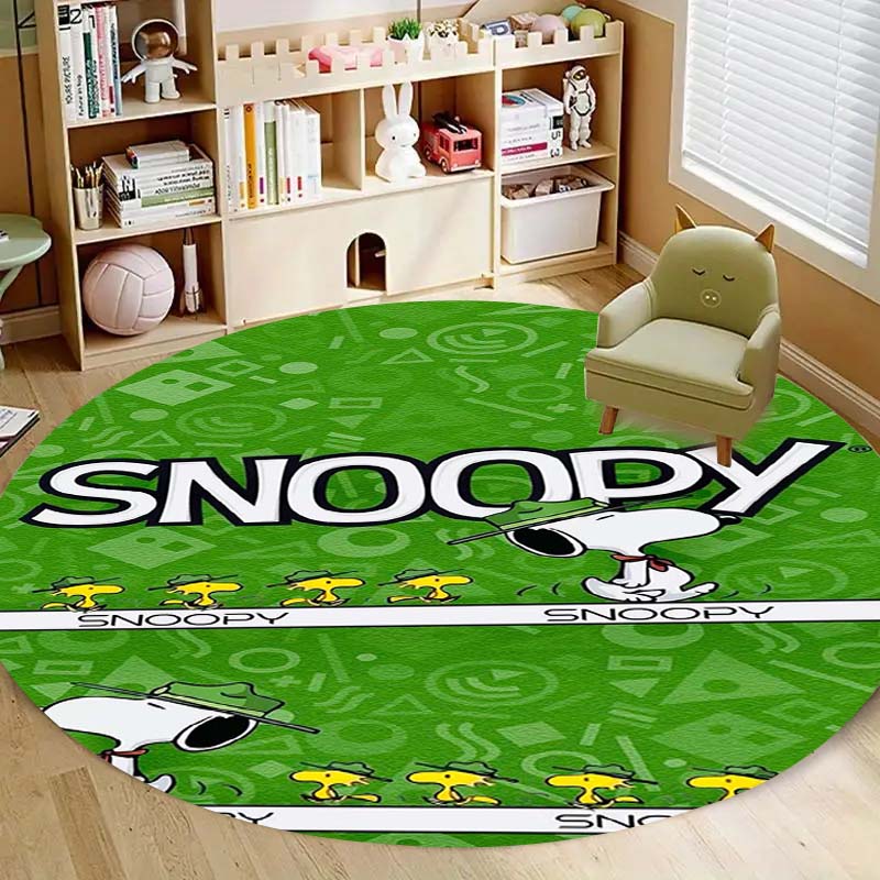 Kawaii Snoopy Round Rug Cute Cartoon Printed Circular Carpet Anti-Slip Floor Mat for Kids Room Nursery Decor