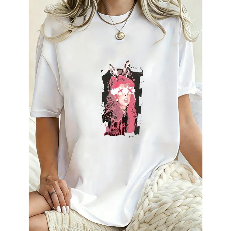 Oversized T-Shirt Black Anime Girl With Cat Ears And Pink Hair Graphic Print For Casual Streetwear Fashion