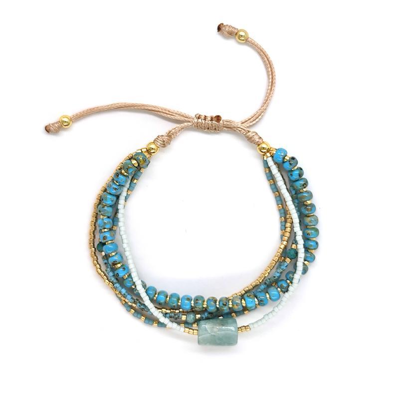 Natural Turquoise Beaded Layered Bracelet With Gold Accent Beads Adjustable For Daily Wear Vacation Gifts For Women